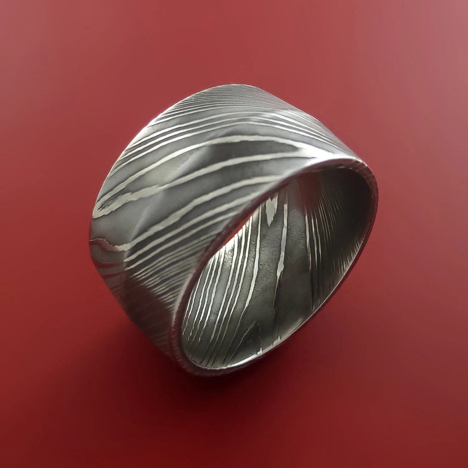 Wide Damascus Steel Ring Wedding Band Genuine Craftsmanship Custom Made